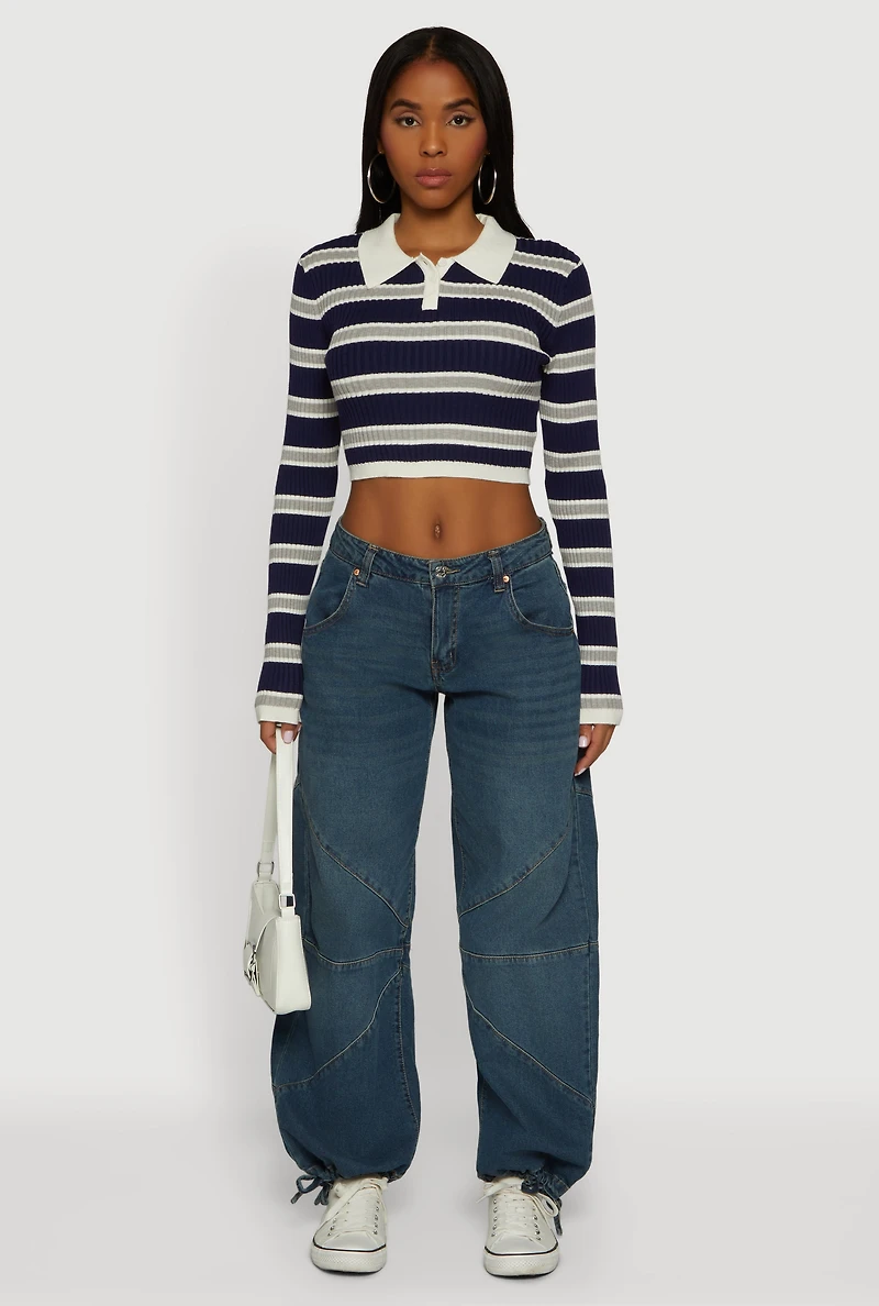 Womens Striped Ribbed Knit Cropped Polo Sweater,