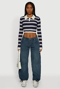Womens Striped Ribbed Knit Cropped Polo Sweater,