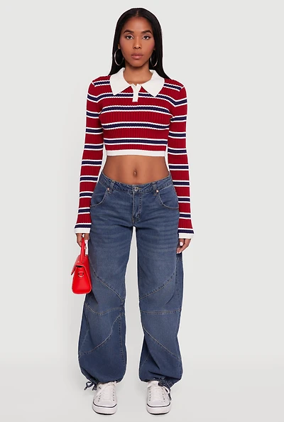 Womens Striped Ribbed Knit Cropped Polo Sweater, Red,