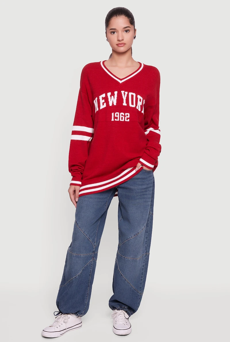 Womens New York Knit V Neck Sweater, Red, Size L