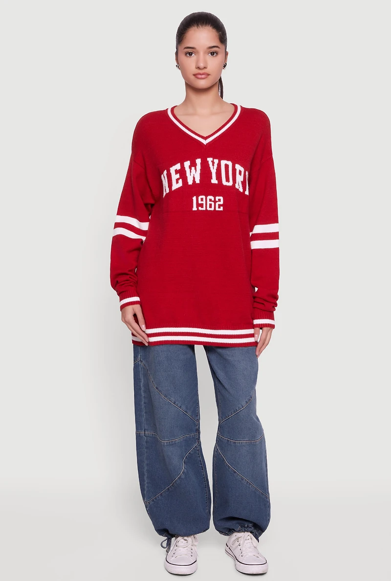 Womens New York Knit V Neck Sweater, Red, Size L