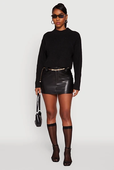 Womens Cozy Oversized Cropped Mock Neck Sweater, Black, Size M