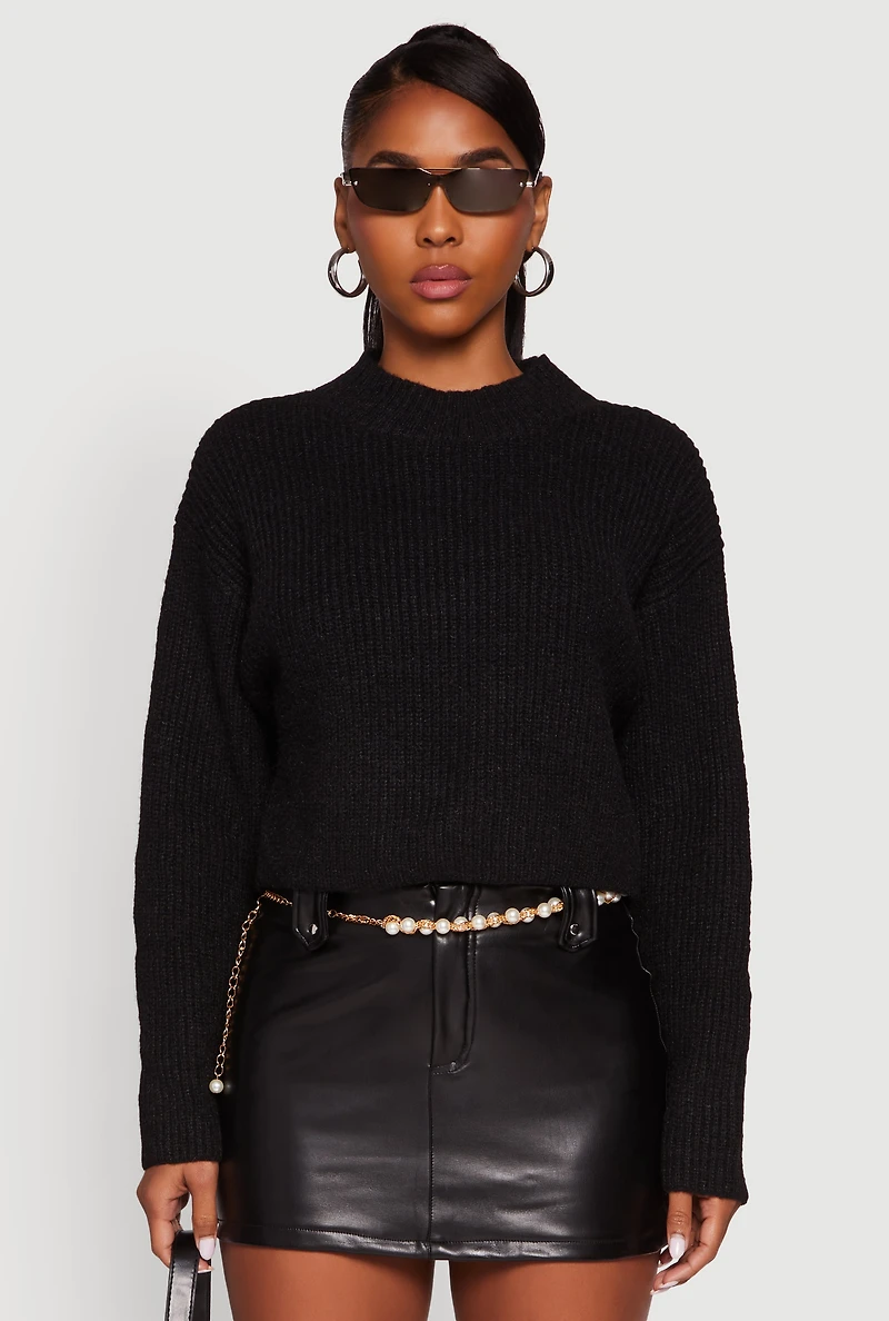 Womens Cozy Oversized Cropped Mock Neck Sweater, Black, Size L