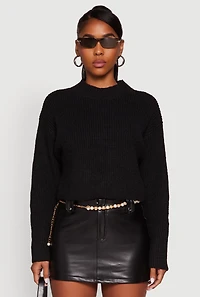Womens Cozy Oversized Cropped Mock Neck Sweater, Black, Size L