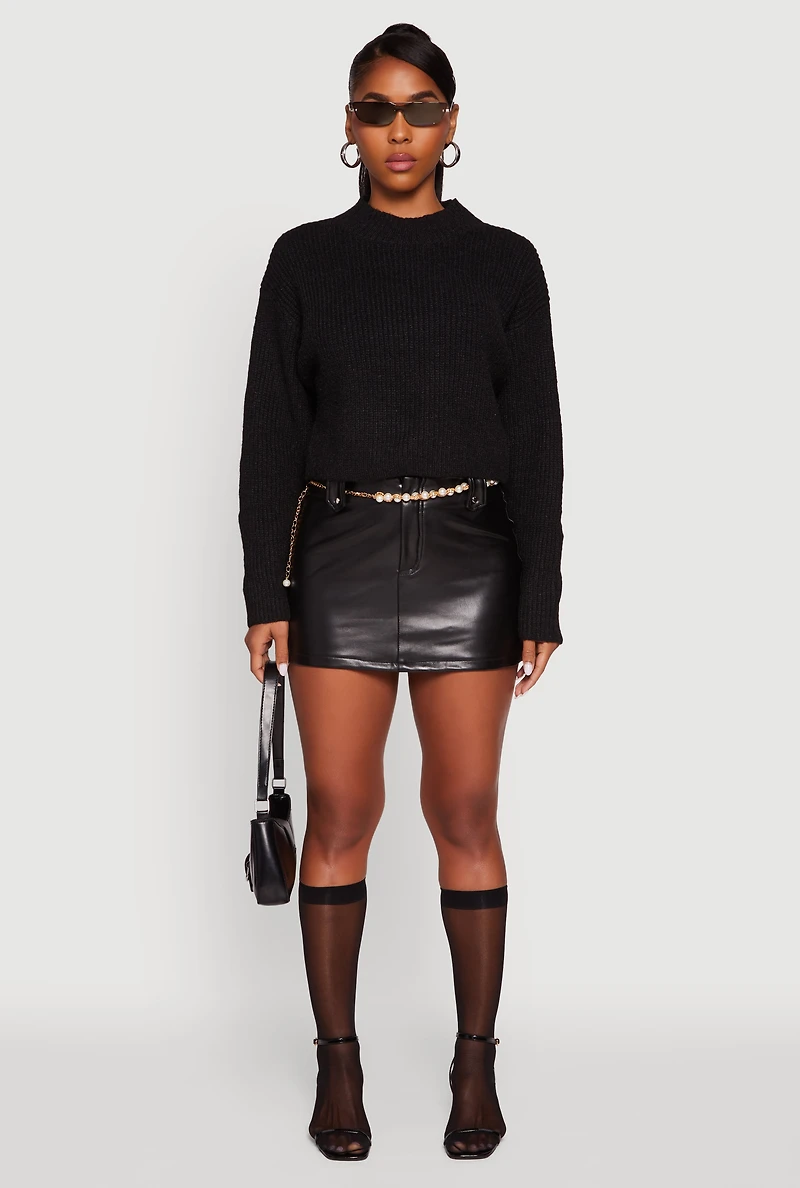 Womens Cozy Oversized Cropped Mock Neck Sweater, Black, Size S
