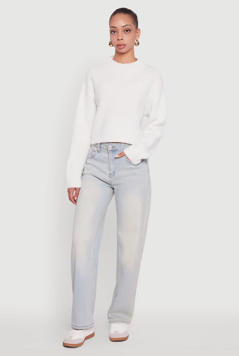 Womens Cozy Oversized Cropped Mock Neck Sweater, White,