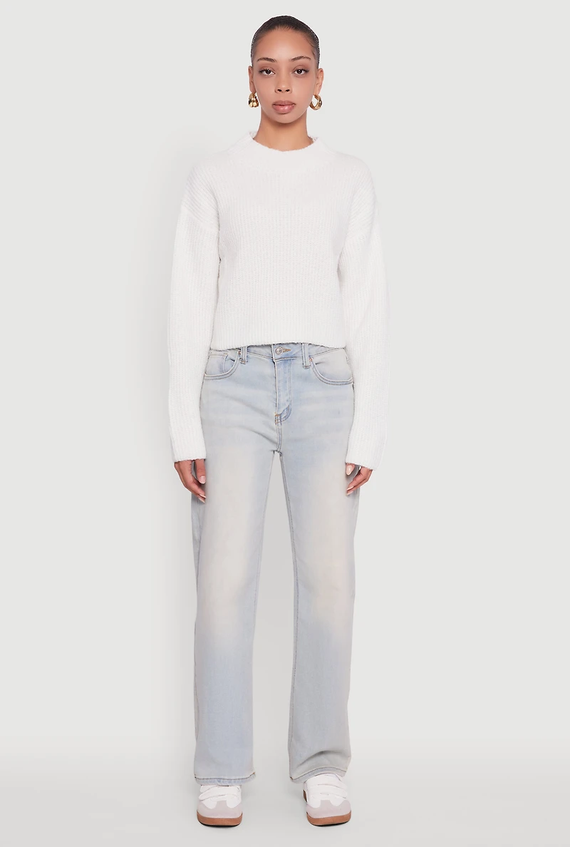 Womens Cozy Oversized Cropped Mock Neck Sweater, White,