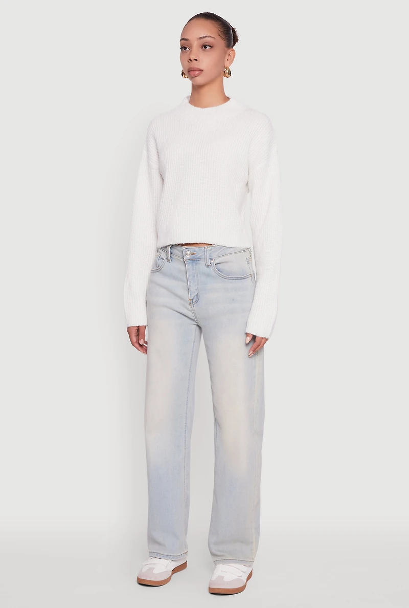 Womens Cozy Oversized Cropped Mock Neck Sweater, White,