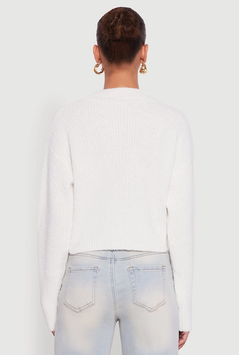 Womens Cozy Oversized Cropped Mock Neck Sweater, White,