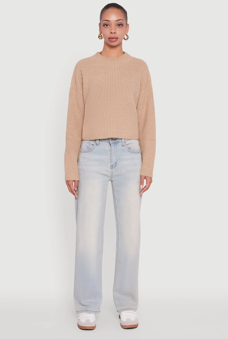 Womens Cozy Oversized Cropped Mock Neck Sweater,