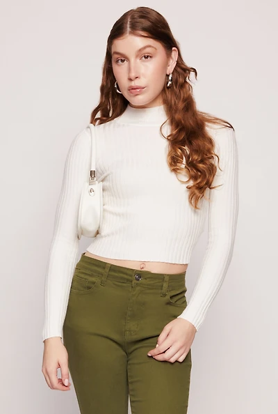 Womens Ribbed Knit Mock Neck Cropped Sweater, White, Size S