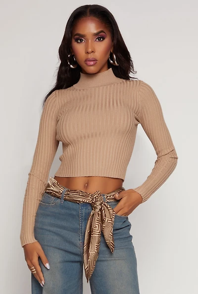 Ribbed Knit Mock Neck Cropped Sweater