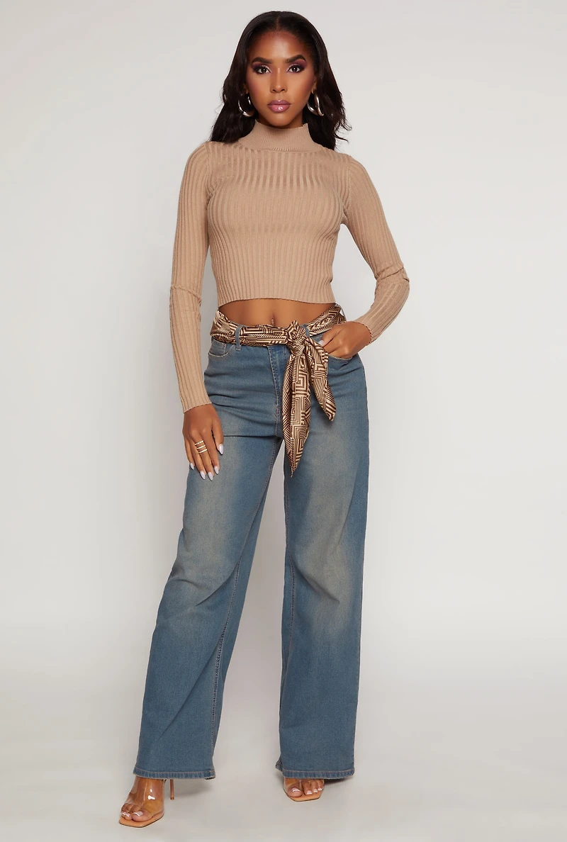 Ribbed Knit Mock Neck Cropped Sweater