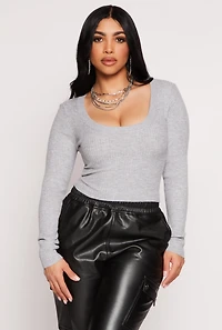 Rib Knit Scoop Neck Long Sleeve Crop Top