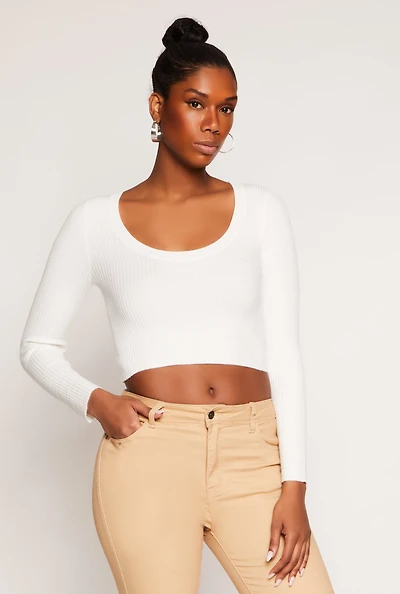 Womens Rib Knit Scoop Neck Long Sleeve Crop Top, White, Size L