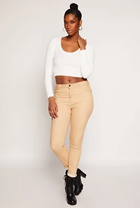 Womens Rib Knit Scoop Neck Long Sleeve Crop Top, White, Size L