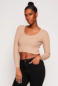 Womens Rib Knit Scoop Neck Long Sleeve Crop Top, Beige, Size L