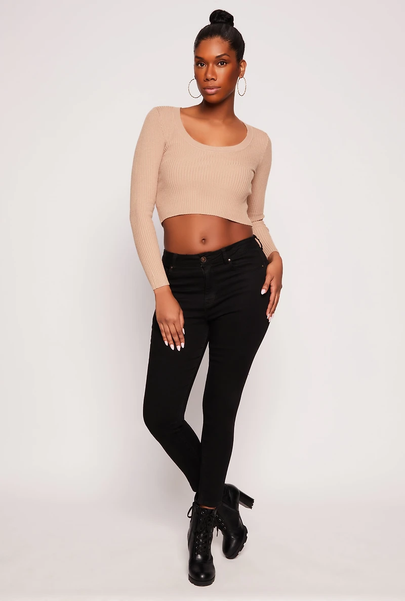 Womens Rib Knit Scoop Neck Long Sleeve Crop Top, Beige, Size L