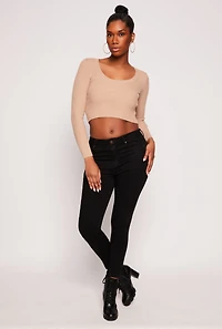 Womens Rib Knit Scoop Neck Long Sleeve Crop Top, Beige, Size L
