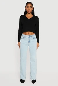 Cable Knit V-Neck Long Sleeve Cropped Sweater