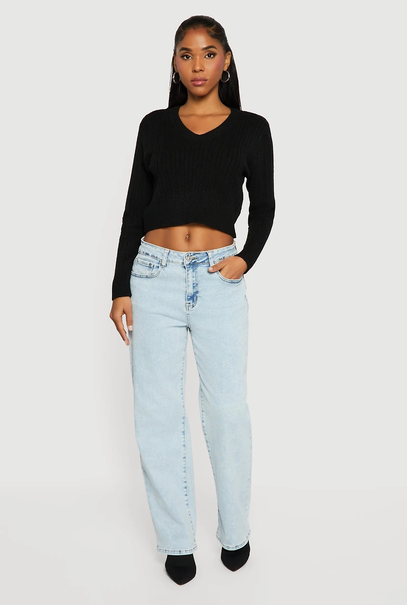 Cable Knit V-Neck Long Sleeve Cropped Sweater