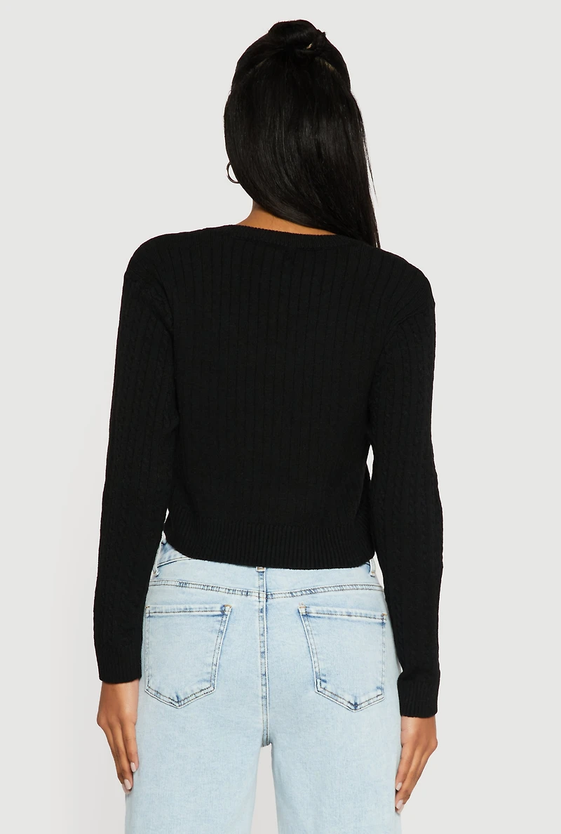 Cable Knit V-Neck Long Sleeve Cropped Sweater
