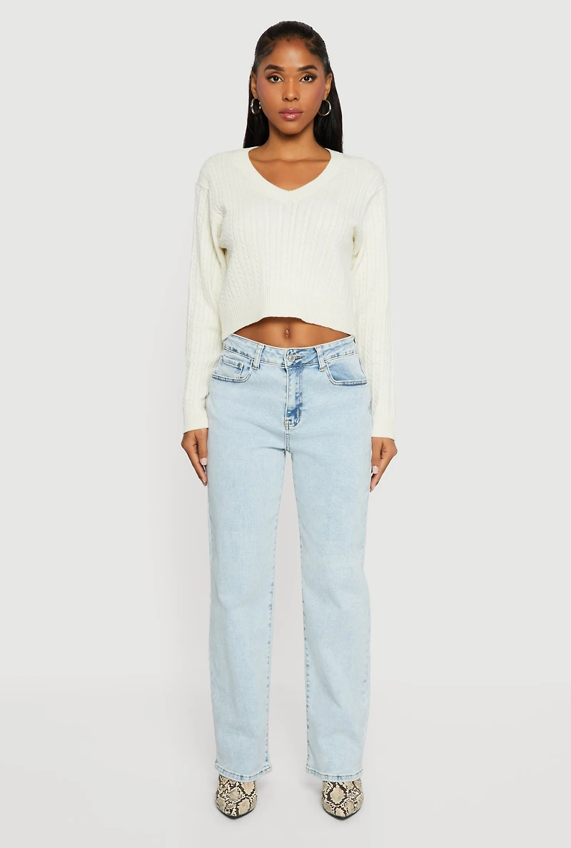 Cable Knit V-Neck Long Sleeve Cropped Sweater
