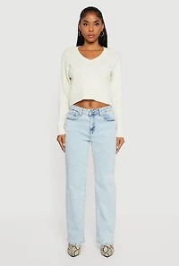Cable Knit V-Neck Long Sleeve Cropped Sweater