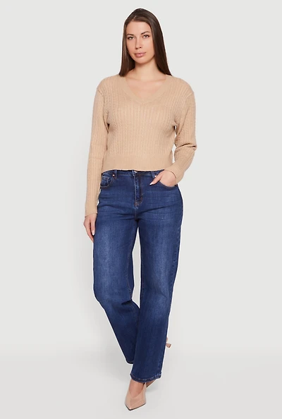 Cable Knit V-Neck Long Sleeve Cropped Sweater