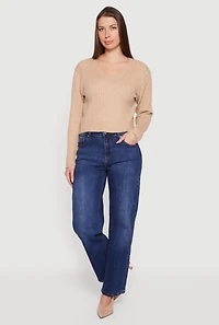Cable Knit V-Neck Long Sleeve Cropped Sweater