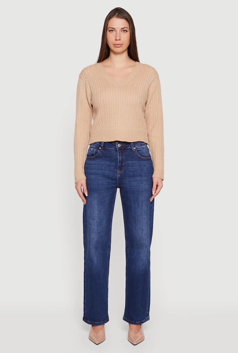 Cable Knit V-Neck Long Sleeve Cropped Sweater