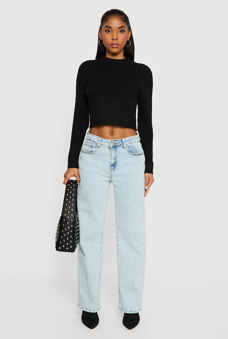 Womens Cable Knit Mock Neck Long Sleeve Cropped Sweater, Black,