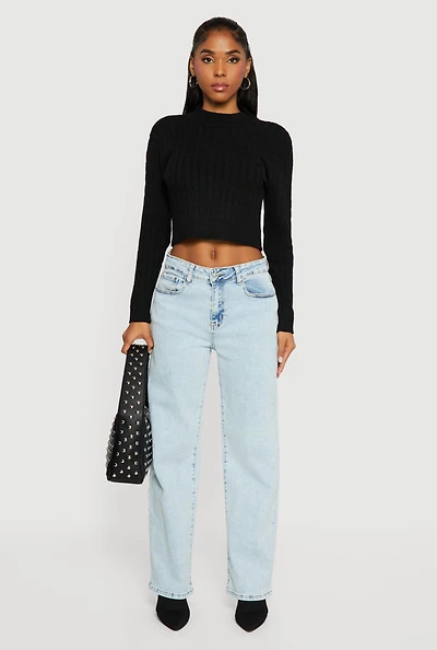 Womens Cable Knit Mock Neck Long Sleeve Cropped Sweater, Black,