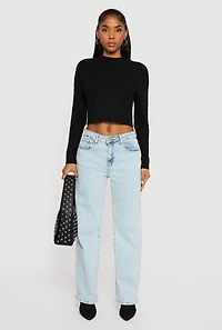 Womens Cable Knit Mock Neck Long Sleeve Cropped Sweater, Black,