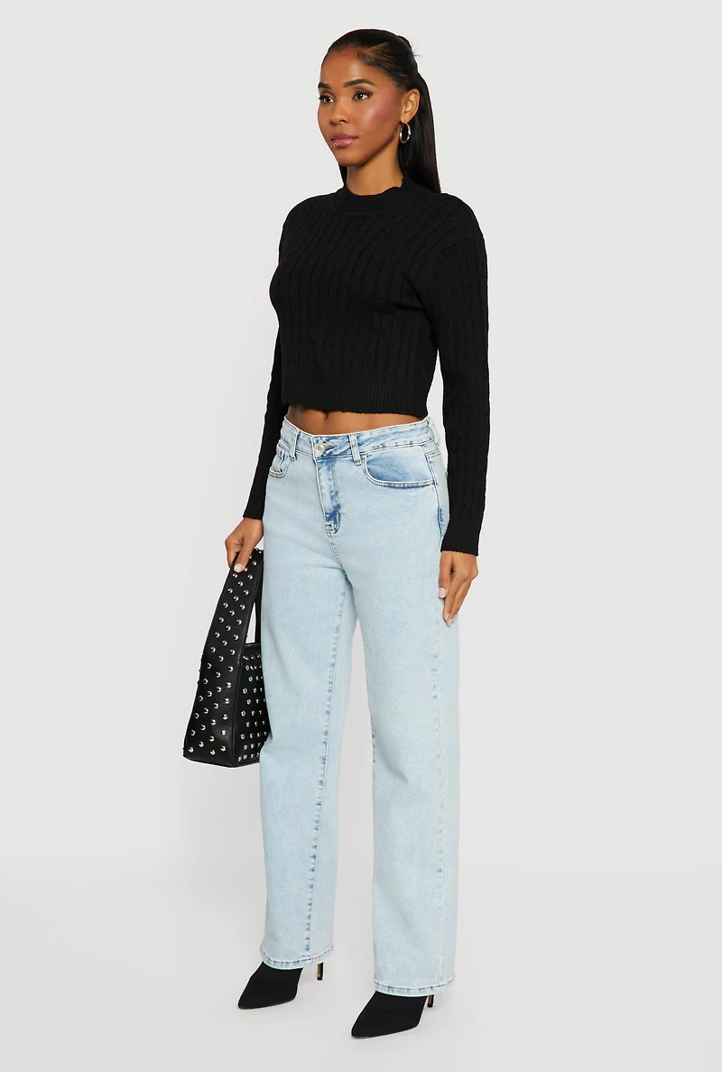 Womens Cable Knit Mock Neck Long Sleeve Cropped Sweater, Black,