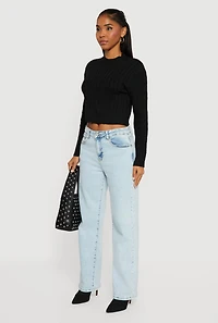 Womens Cable Knit Mock Neck Long Sleeve Cropped Sweater, Black,