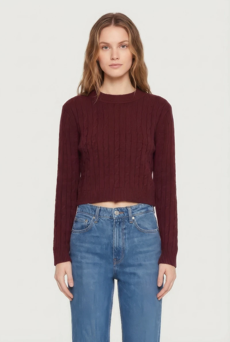 Cable Knit Mock Neck Long Sleeve Cropped Sweater