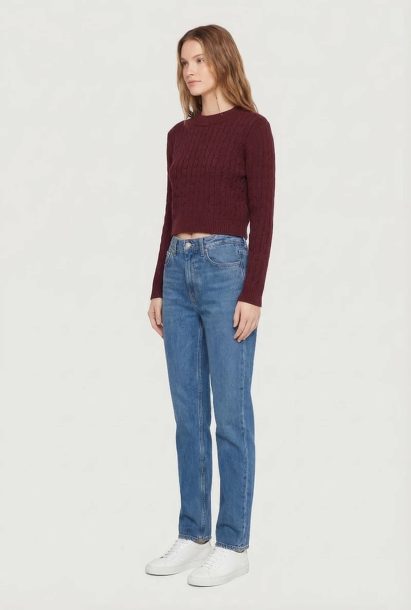Cable Knit Mock Neck Long Sleeve Cropped Sweater