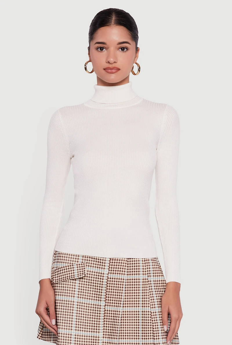 Solid Ribbed Knit Turtleneck Top