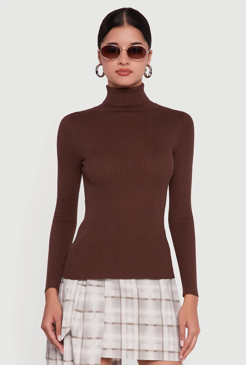 Solid Ribbed Knit Turtleneck Top