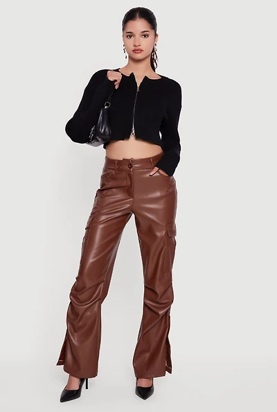 Womens Ribbed Knit Long Sleeve Zip Front Cropped Sweater, S