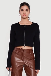 Womens Ribbed Knit Long Sleeve Zip Front Cropped Sweater, S