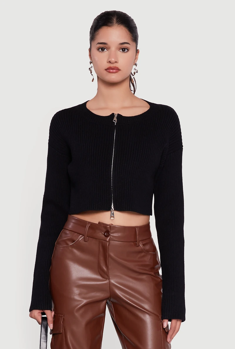 Ribbed Knit Long Sleeve Zip Front Cropped Sweater