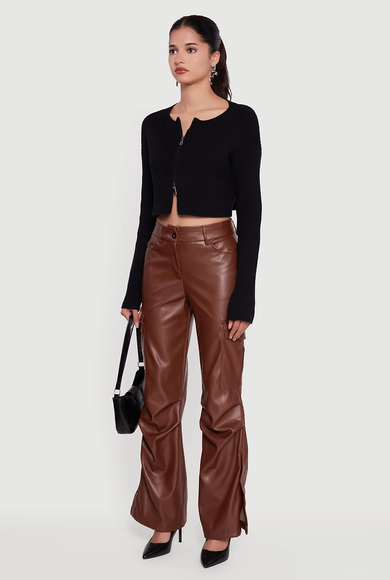 Womens Ribbed Knit Long Sleeve Zip Front Cropped Sweater, S