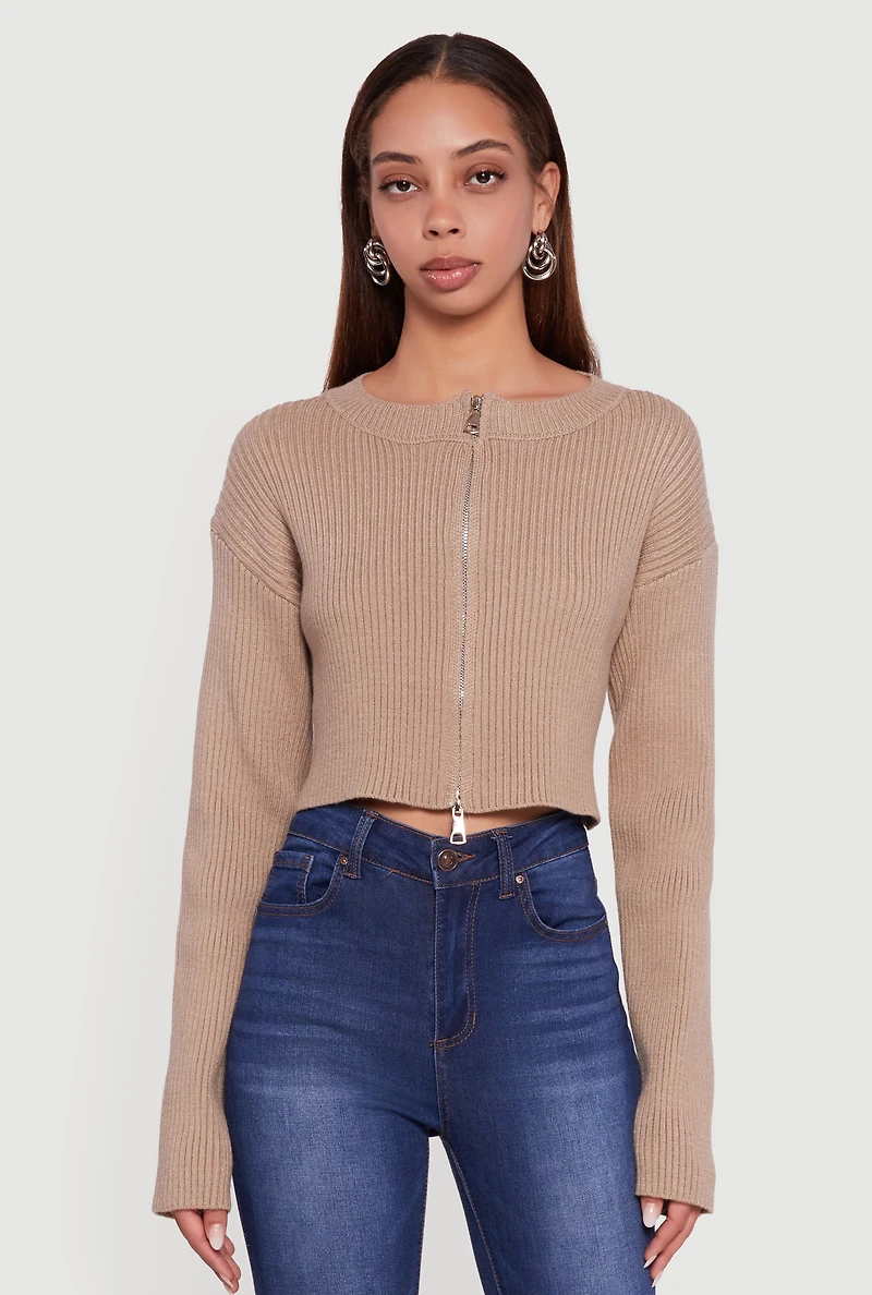 Womens Ribbed Knit Long Sleeve Zip Front Cropped Sweater,