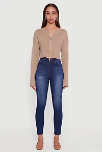 Womens Ribbed Knit Long Sleeve Zip Front Cropped Sweater,