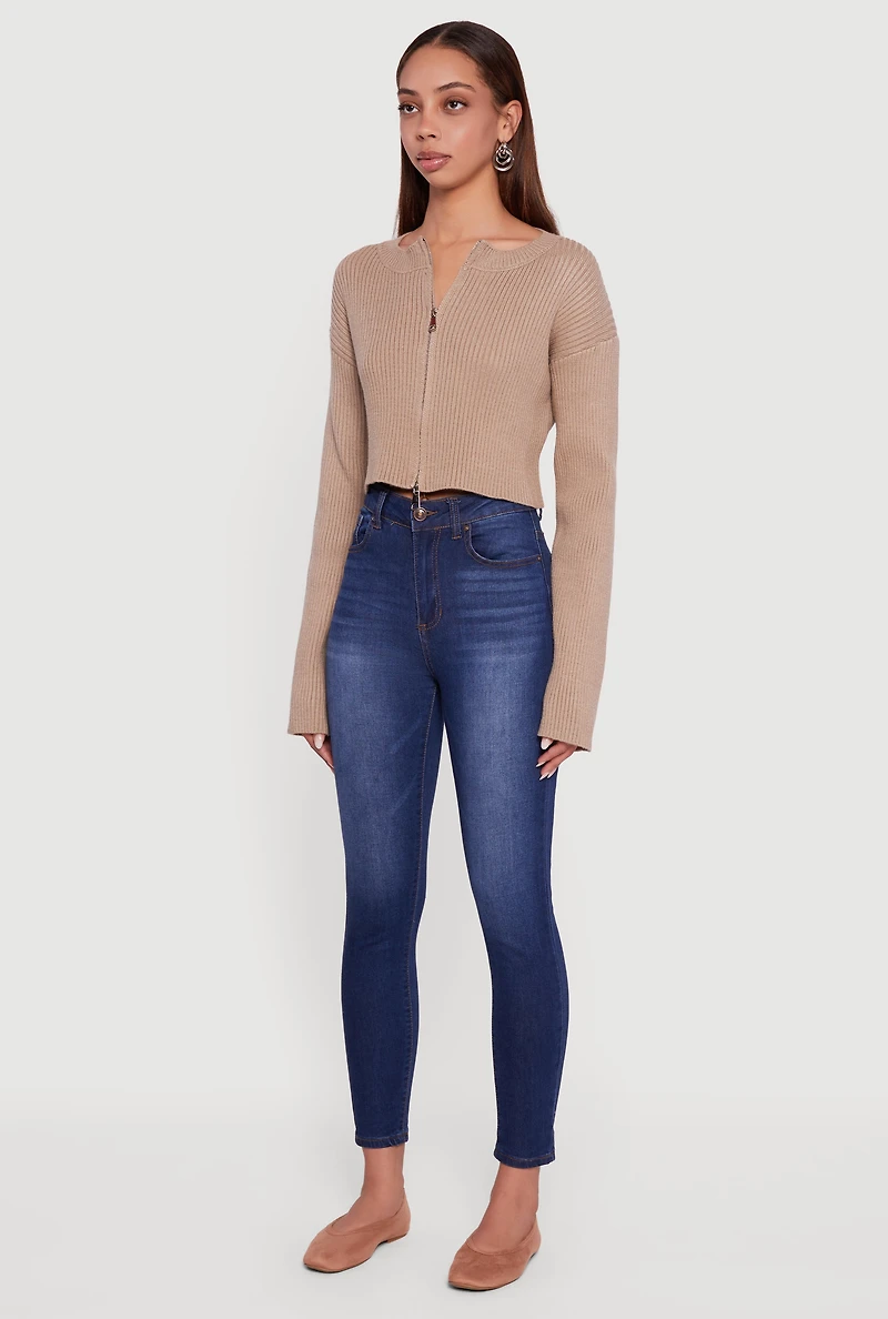 Womens Ribbed Knit Long Sleeve Zip Front Cropped Sweater,