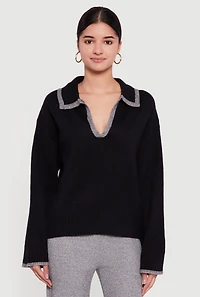 Womens Contrast Trim Johnny Collar Polo Sweater,