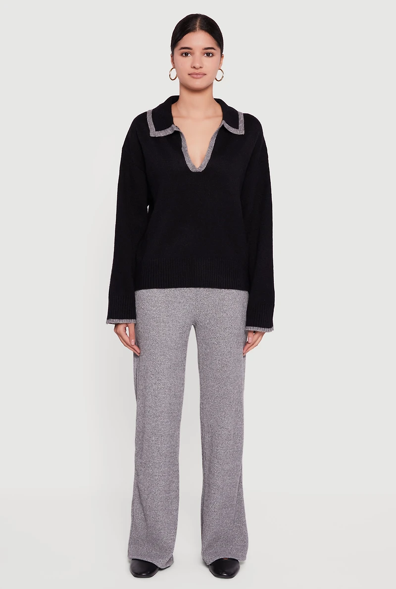 Womens Contrast Trim Johnny Collar Polo Sweater,