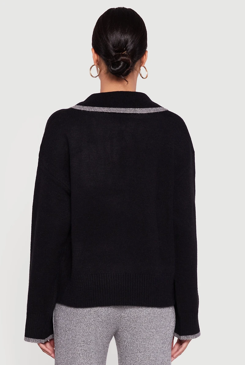 Contrast Trim Johnny Collar Polo Sweater